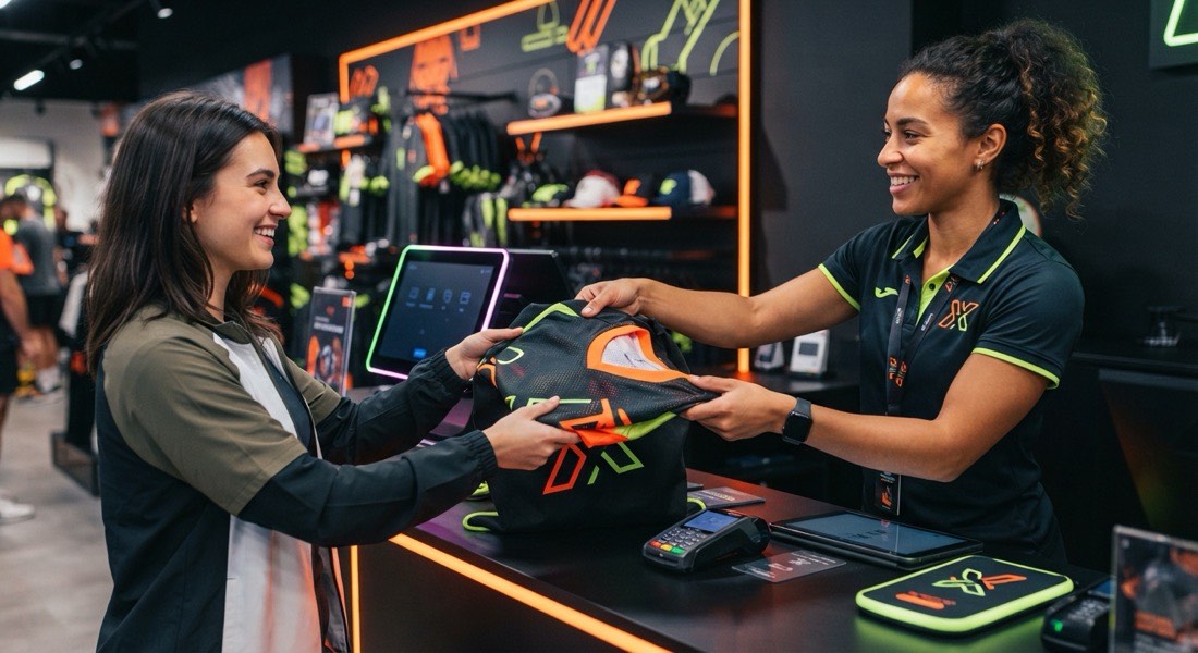 Sports club pro-shop checkout with a staff member handing over gear under neon accents
