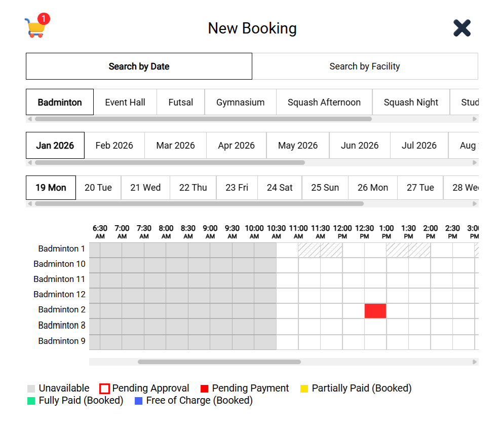 SPORTSERVA Booking Dashboard - Real-time court availability and booking management interface